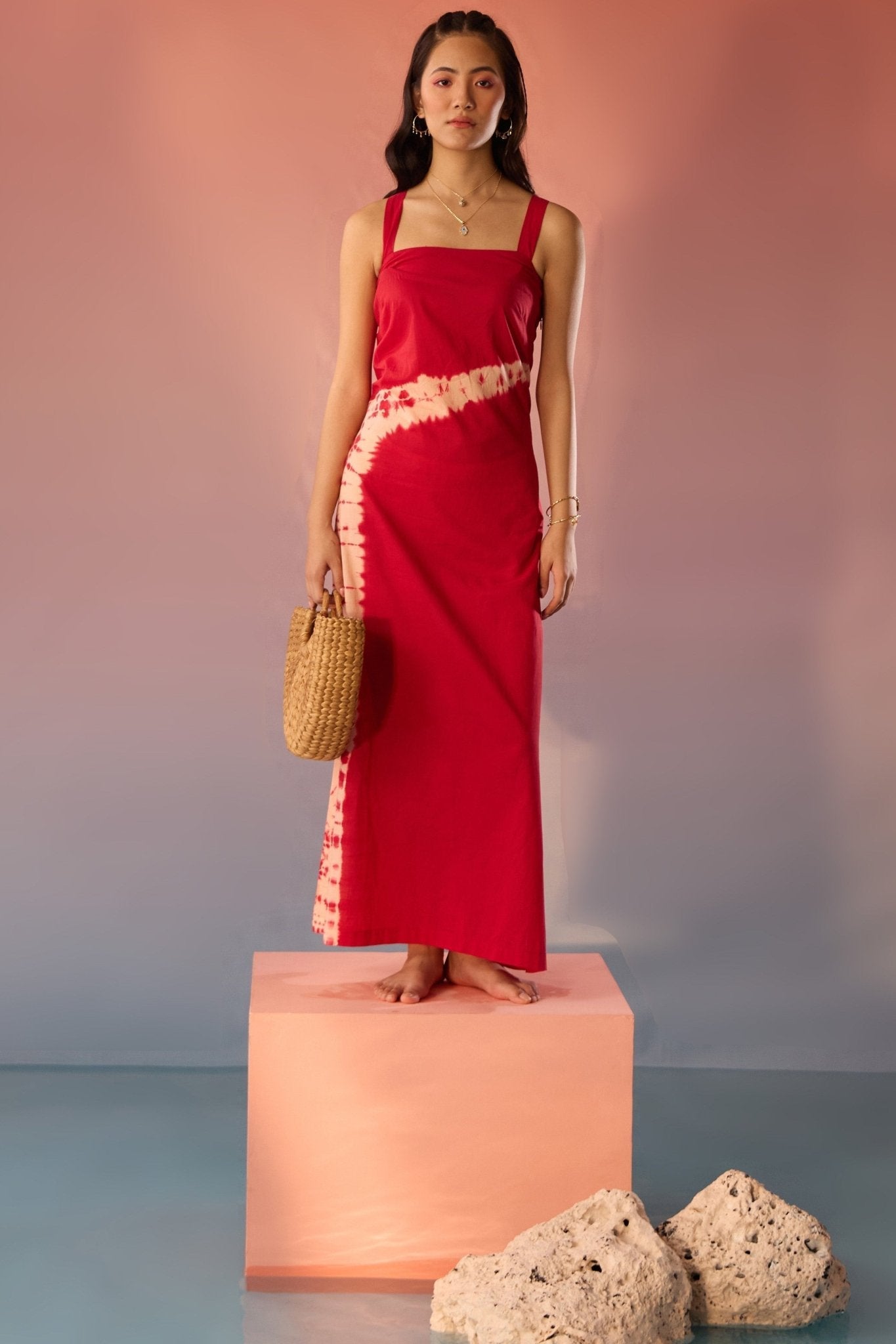 Stylera red bandhani tie dye dress with sleeveless design and square neckline