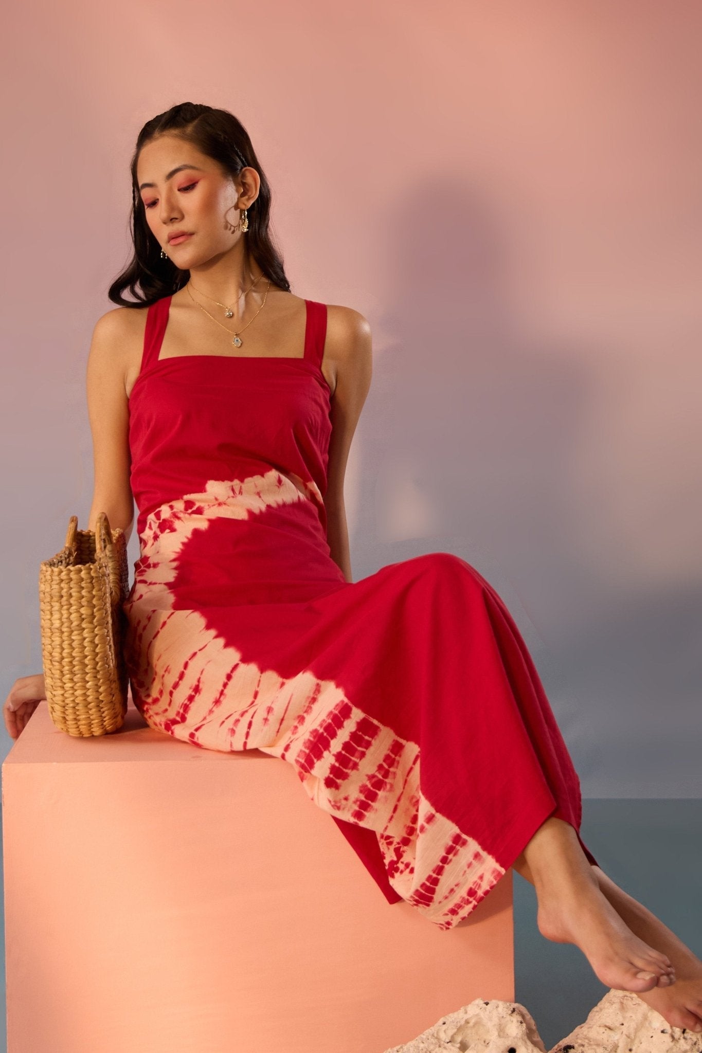 Stylera red bandhani tie dye dress with square neckline and sleeveless design
