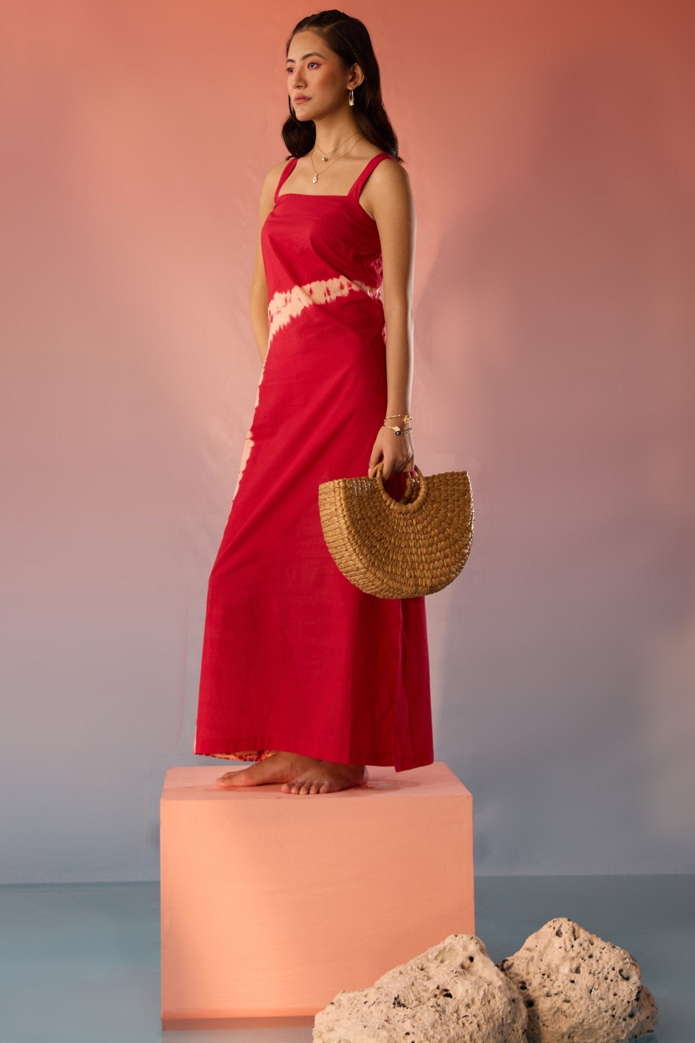 Stylera bandhani tie dye dress in red with square neckline and sleeveless design