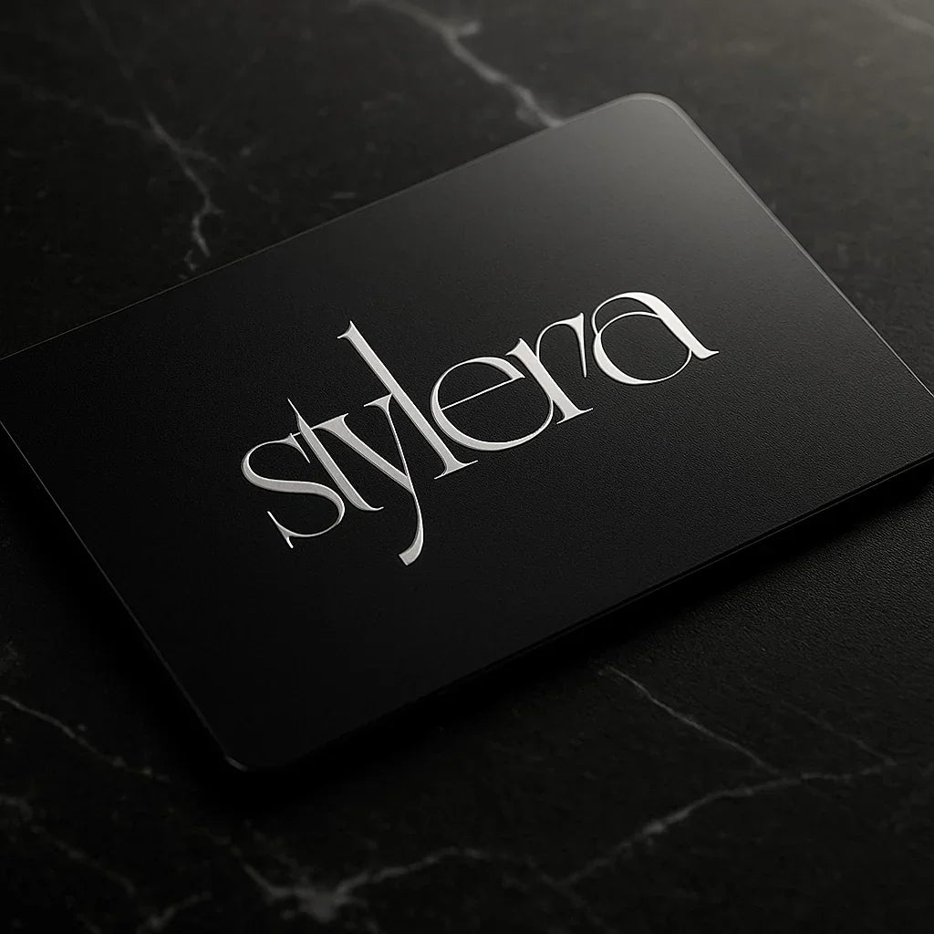 Stylera black luxury fashion gift card with elegant white logo on marble surface ideal for stylish presents