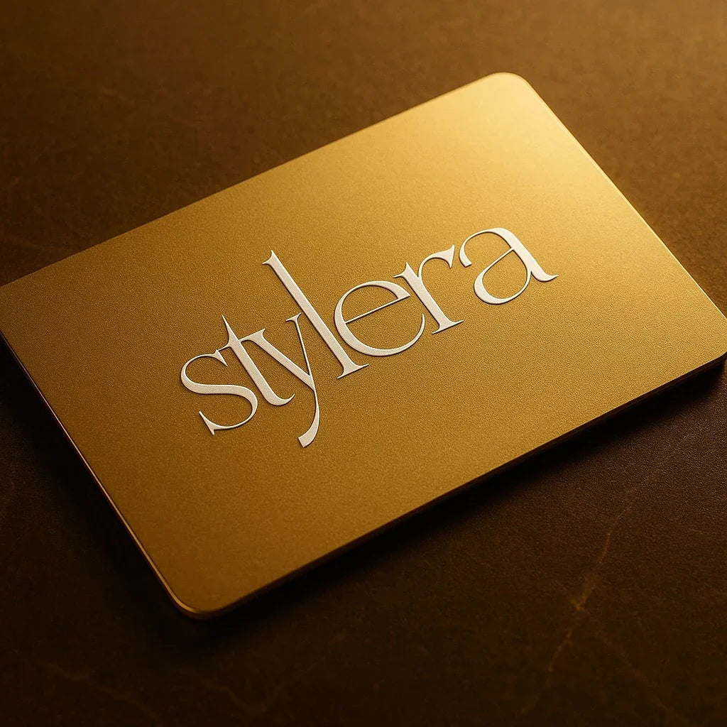 Stylera gold fashion gift card on dark background luxury branded card for styling and gifting