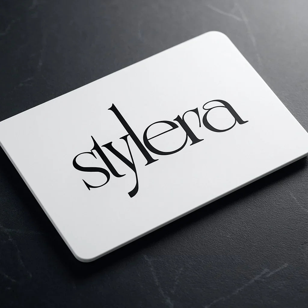Stylera fashion gift card white rectangular card with black logo on dark marble surface elegant typography