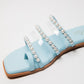 Stylera blue pearl strap sandals flat with square toe and pearl embellishments on light blue straps