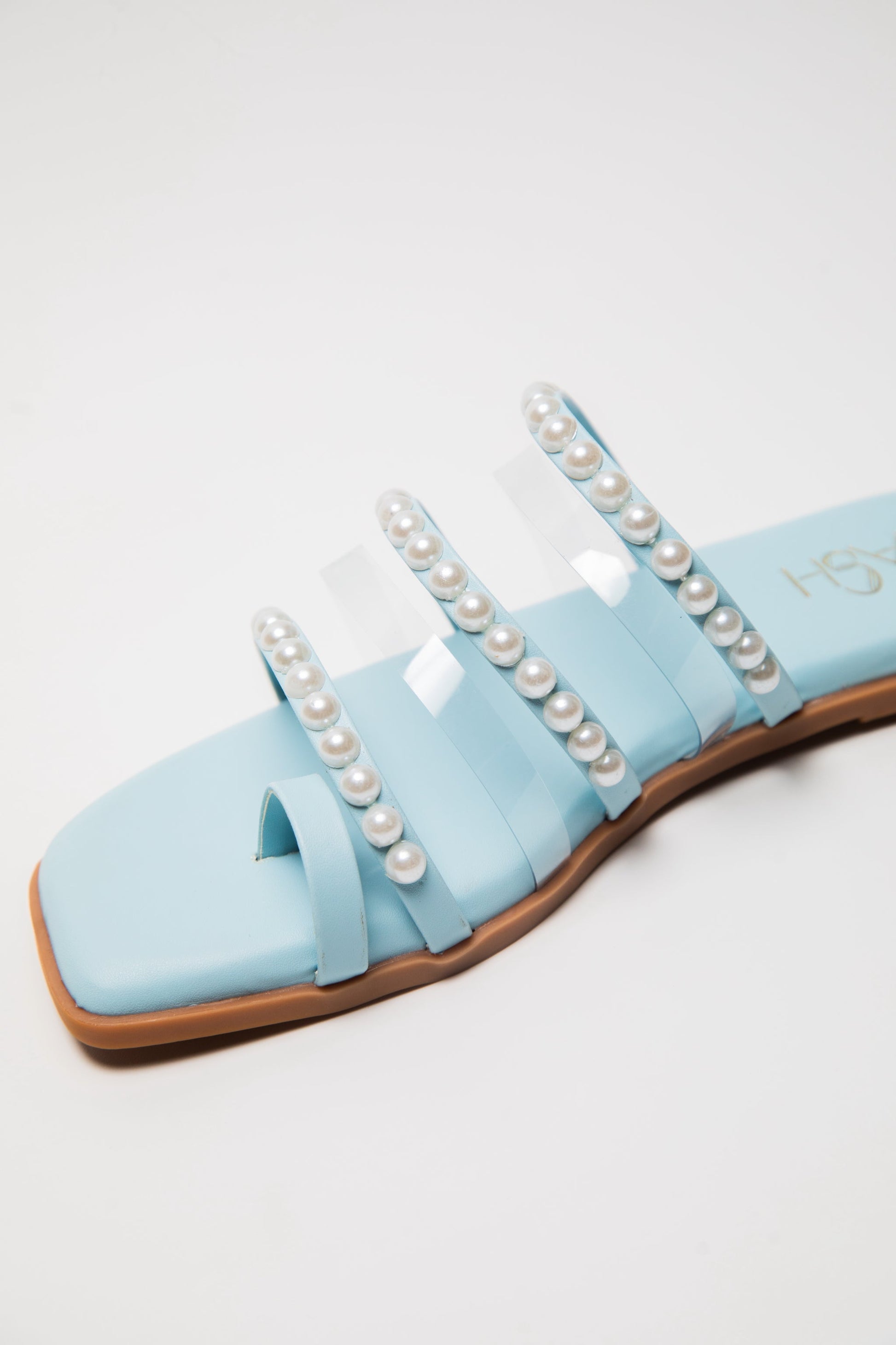 Stylera blue pearl strap sandals flat with square toe and pearl embellishments on light blue straps