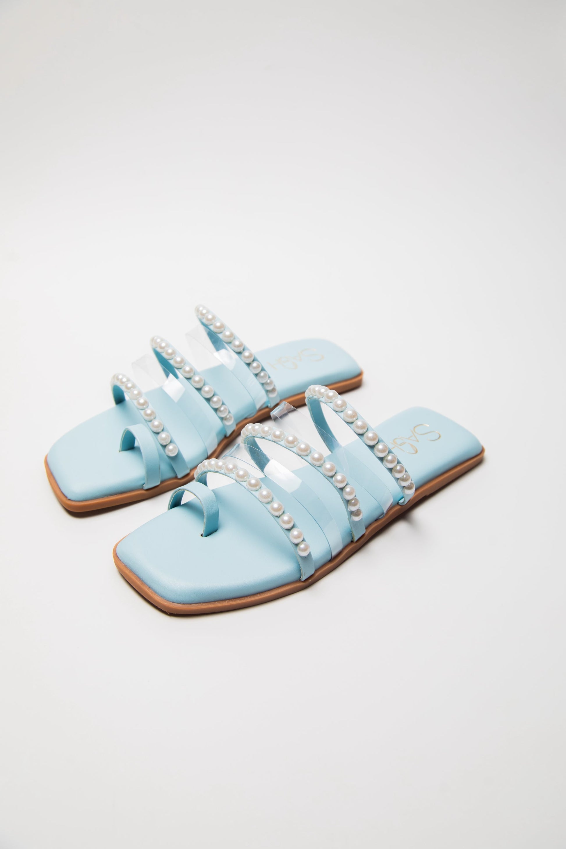 Stylera blue pearl strap sandals flats with square toe and decorative pearl accents