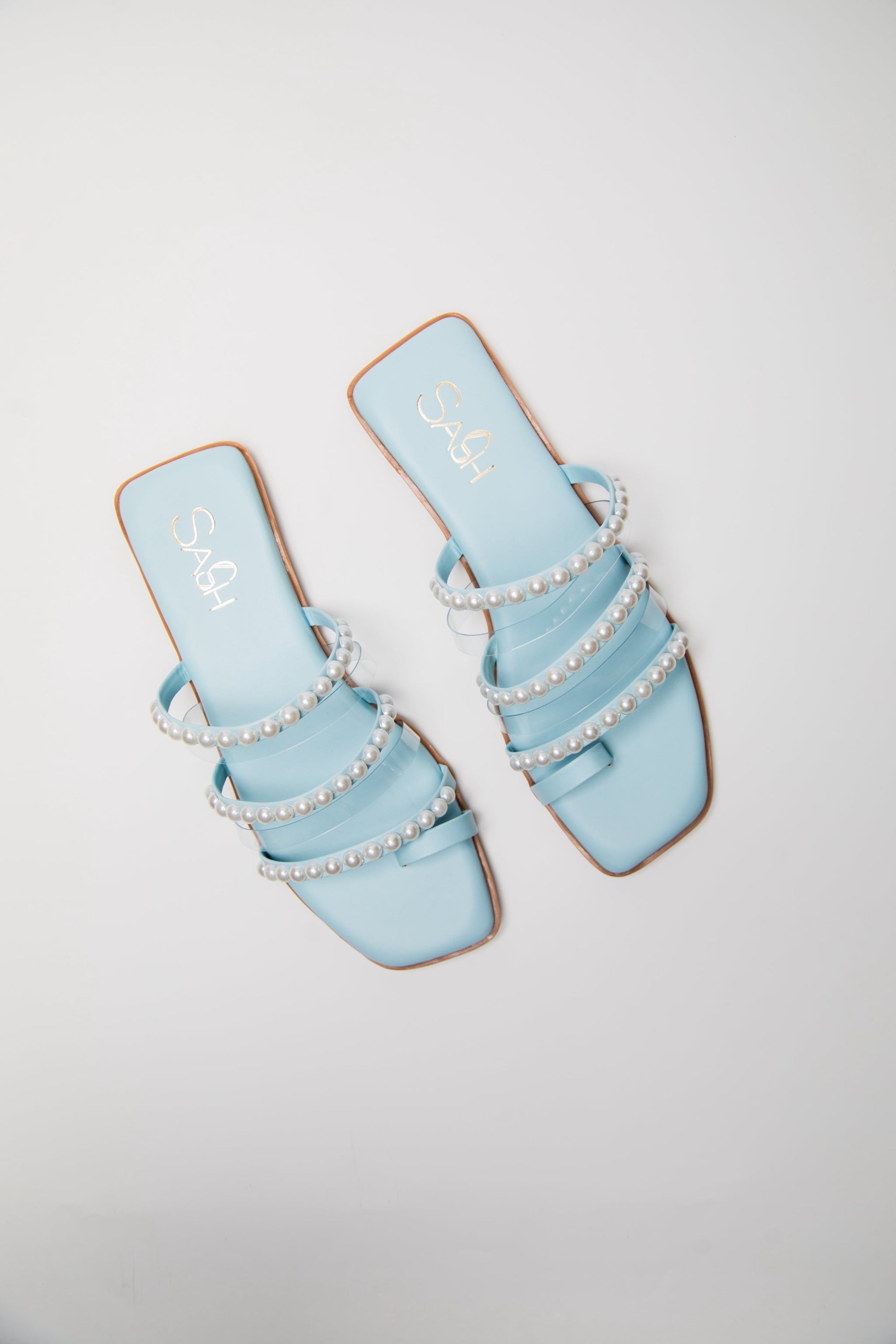 Stylera blue pearl strap sandals flat sandals with pearl embellishments on light blue straps