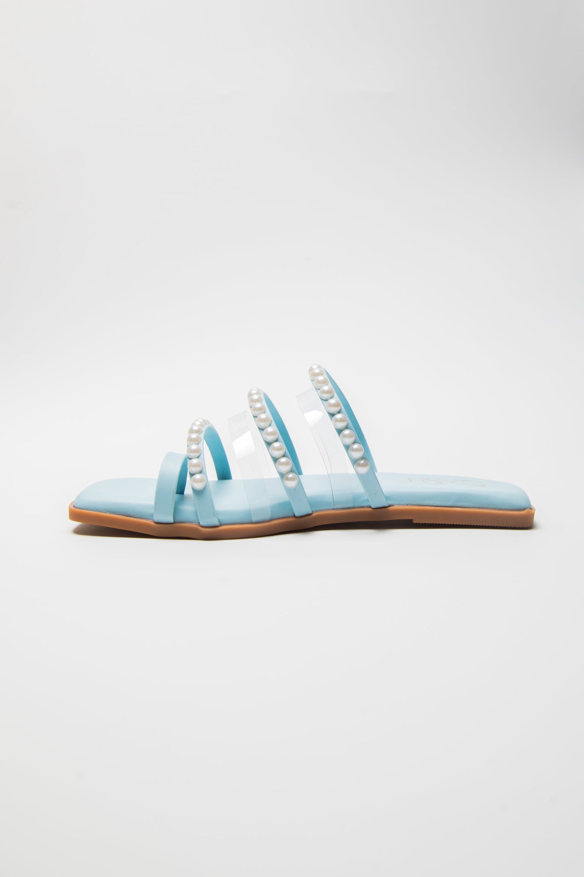Stylera blue pearl strap sandals flat with three pearl-adorned blue straps and tan sole