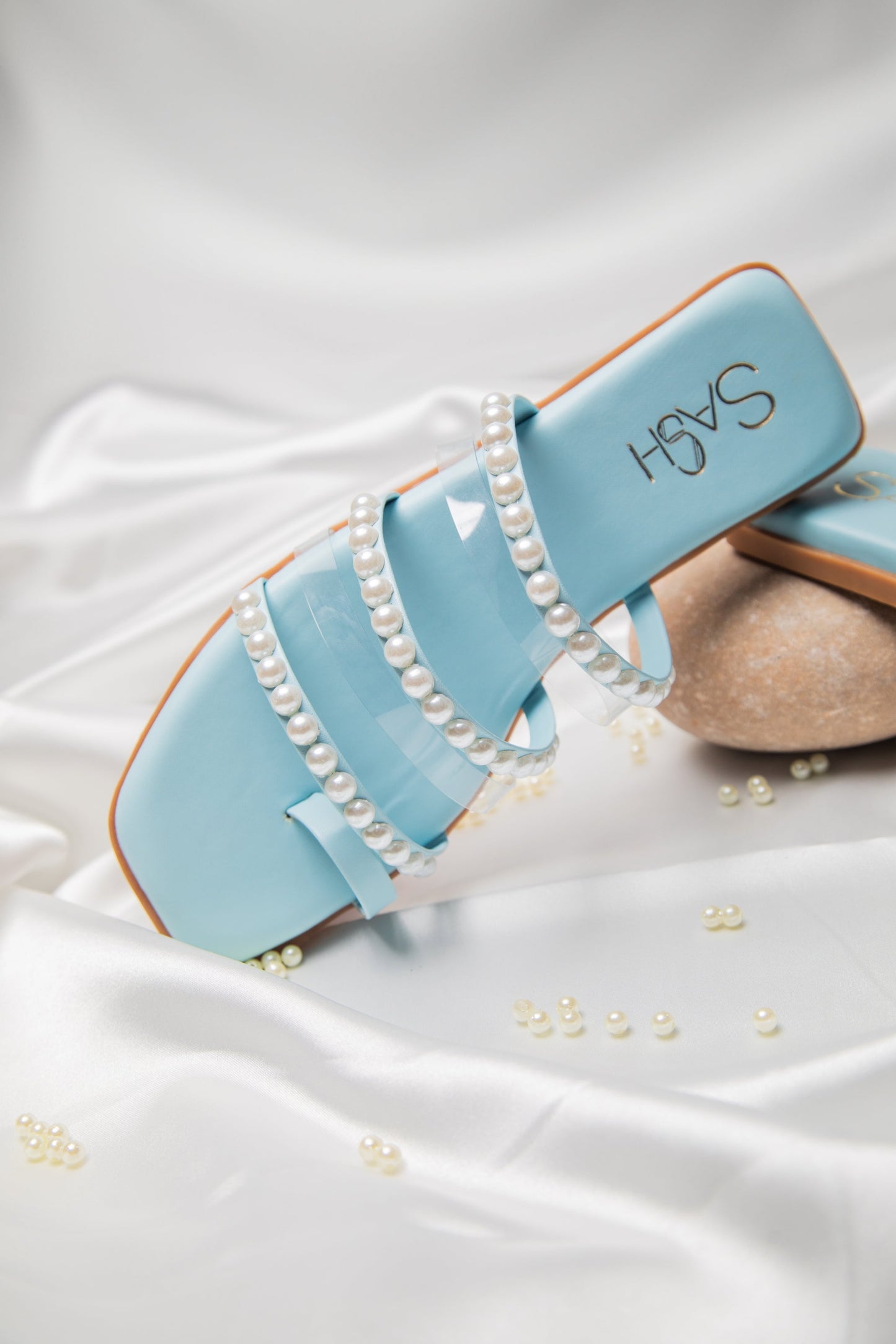 Stylera blue pearl strap sandals with glossy blue finish and pearl embellishments