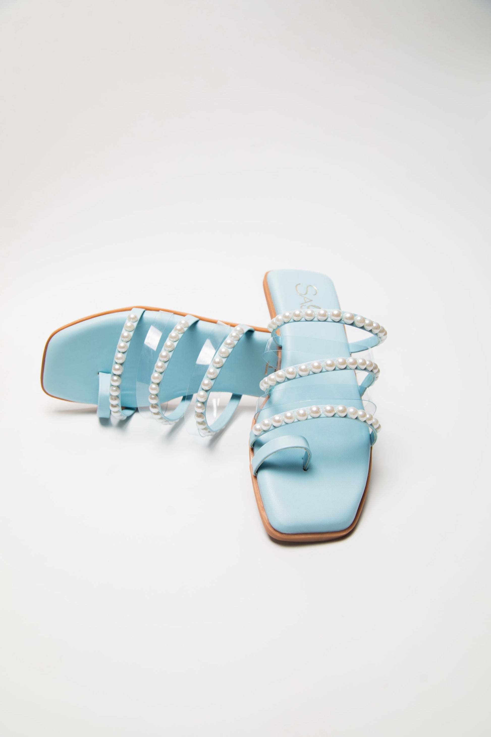 Stylera blue pearl strap sandals flats with square toe and decorative pearl straps