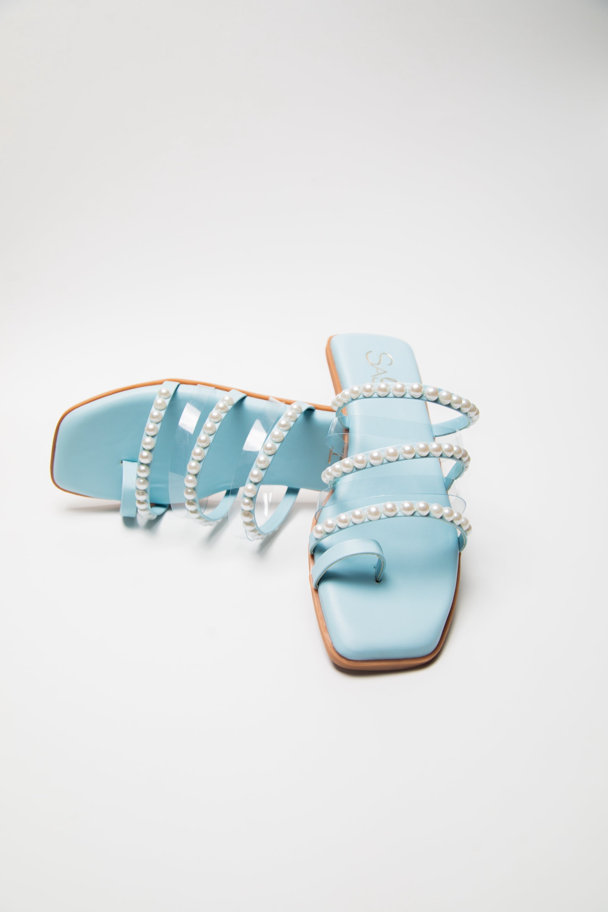 Stylera blue pearl strap sandals flats with square toe and decorative pearl straps