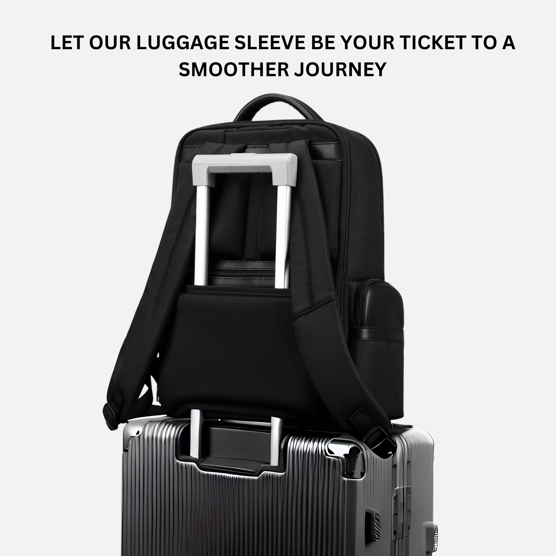 Stylera black travel backpack with luggage sleeve on silver suitcase stylish backpack with multiple pockets for travelers