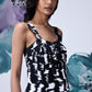Stylera black and white patterned dungaree with wide straps, sleeveless fit, stylish casual dungarees for women