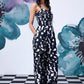 Stylera black and white patterned wide leg dungaree with pockets on model stylish casual dungarees for women