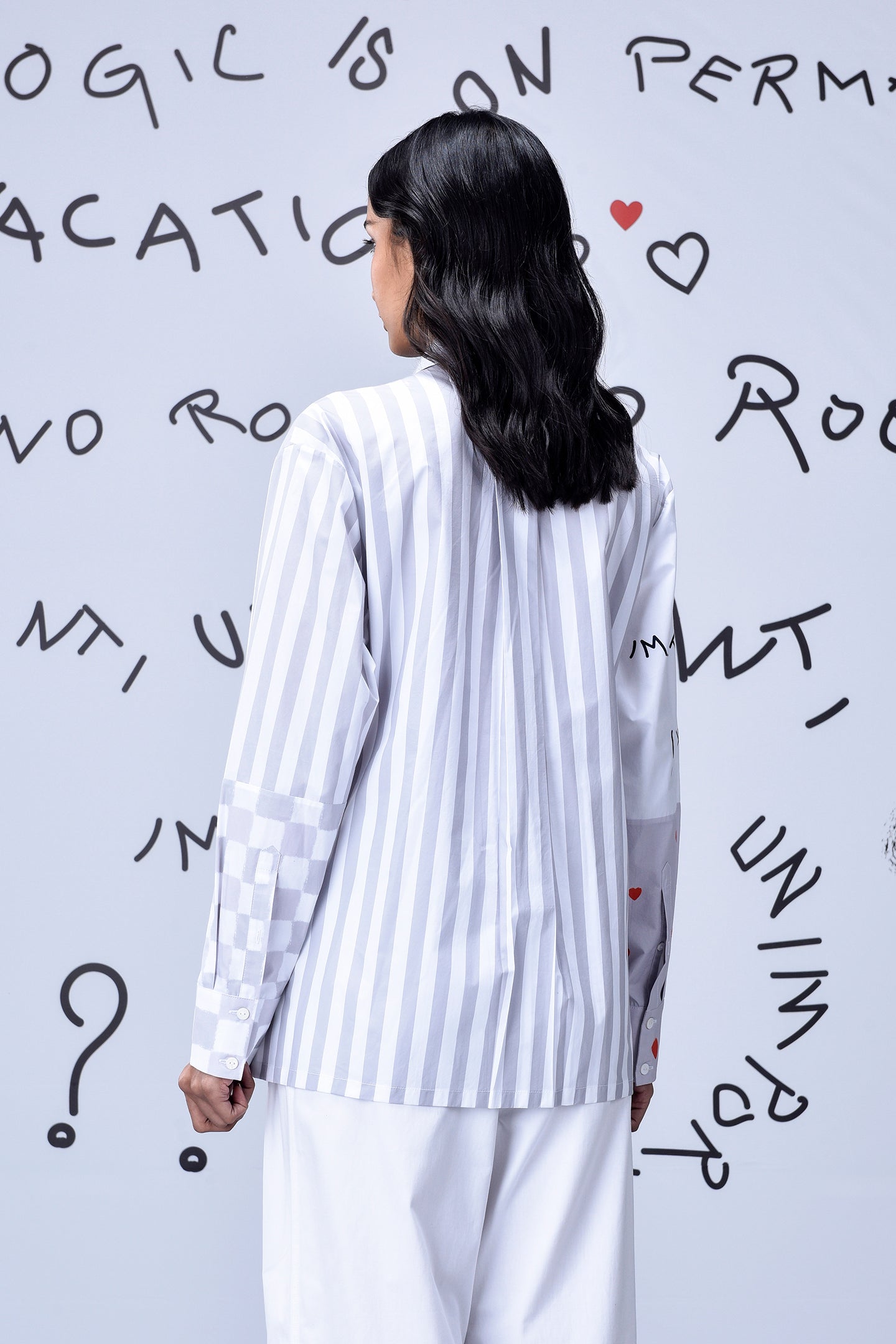 Stylera white and gray striped long sleeve shirt back view on model stylish casual shirts for women