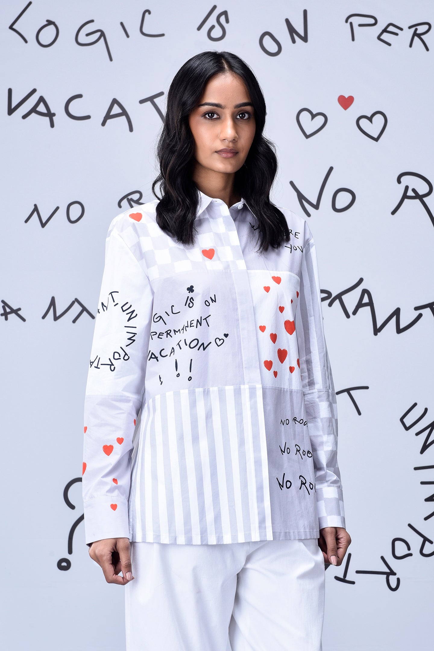 Stylera white patchwork button shirt with red hearts text print and stripes stylish casual shirts for women