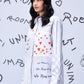 Stylera white button shirt with red heart print and handwritten script on model stylish casual shirts for women