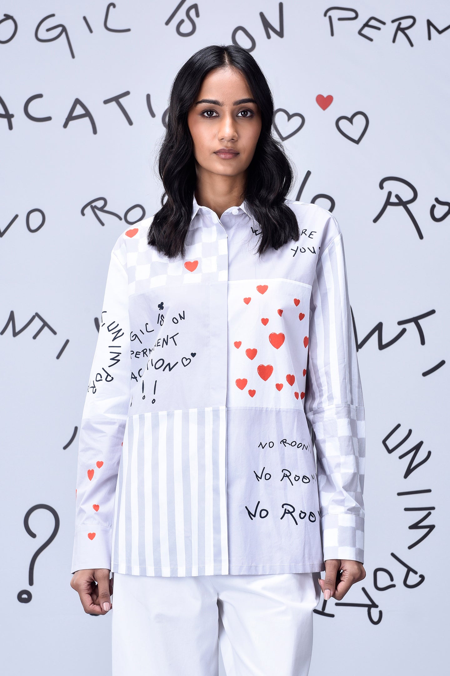 Stylera white button down shirt with red heart print and graffiti text on model stylish casual shirts for women