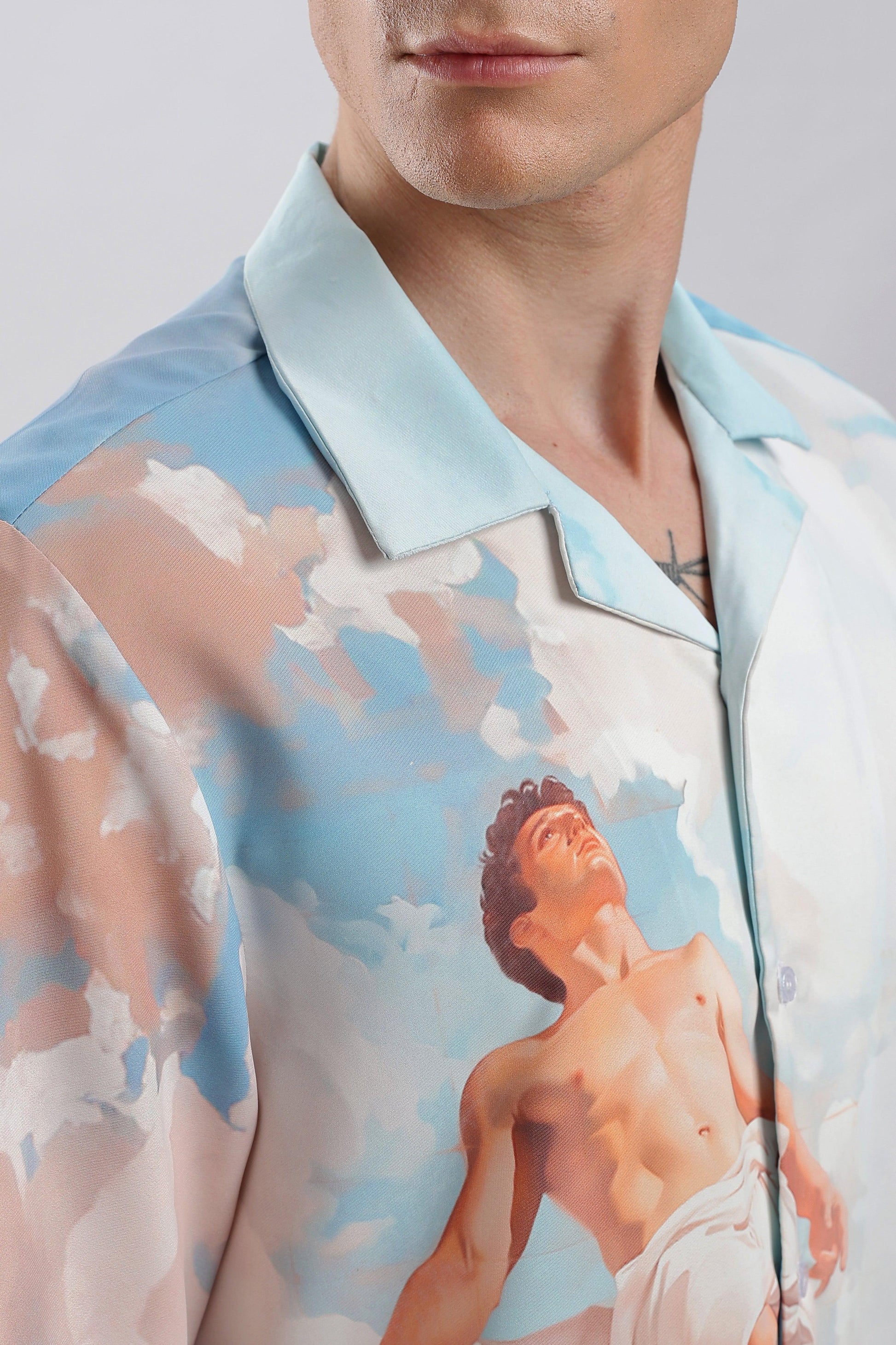 Stylera pastel sky print shirt with classical statue motif and camp collar stylish casual vacation shirts for men