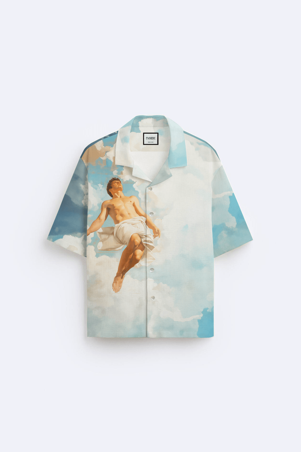 Stylera short sleeve button shirt with cloud sky print and classical figure art stylish casual vacation shirts for men