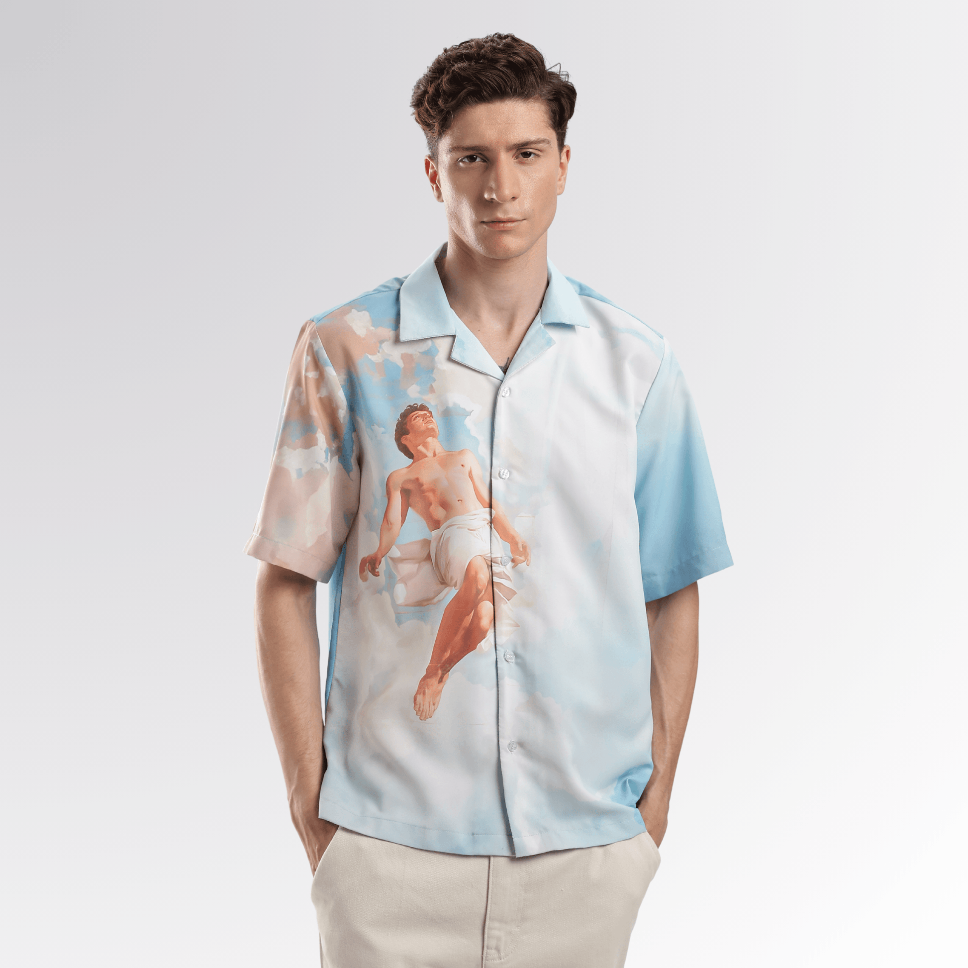 Stylera short sleeve button down shirt with sky and classical statue print stylish casual vacation shirts for men