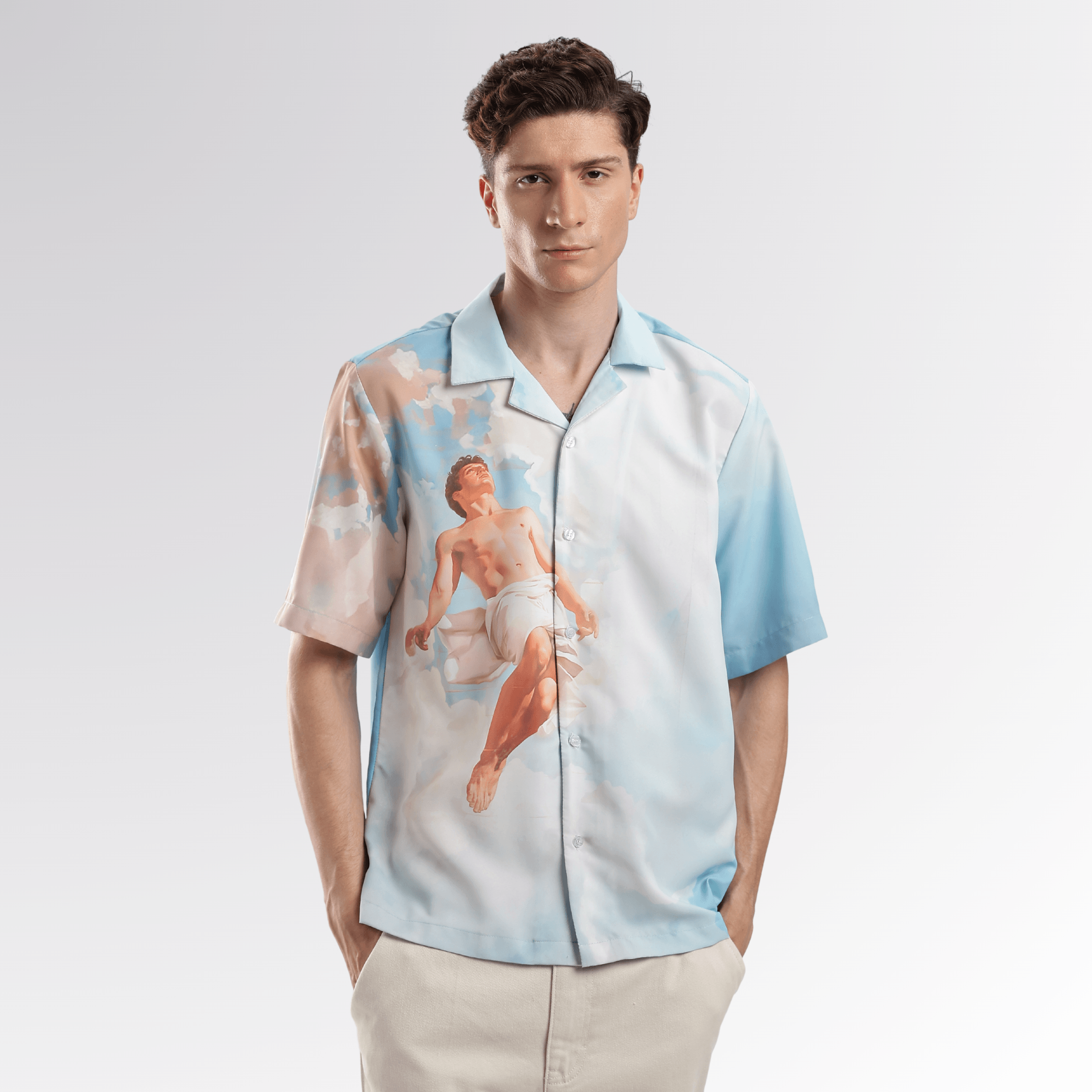 Stylera short sleeve button down shirt with sky and classical statue print stylish casual vacation shirts for men