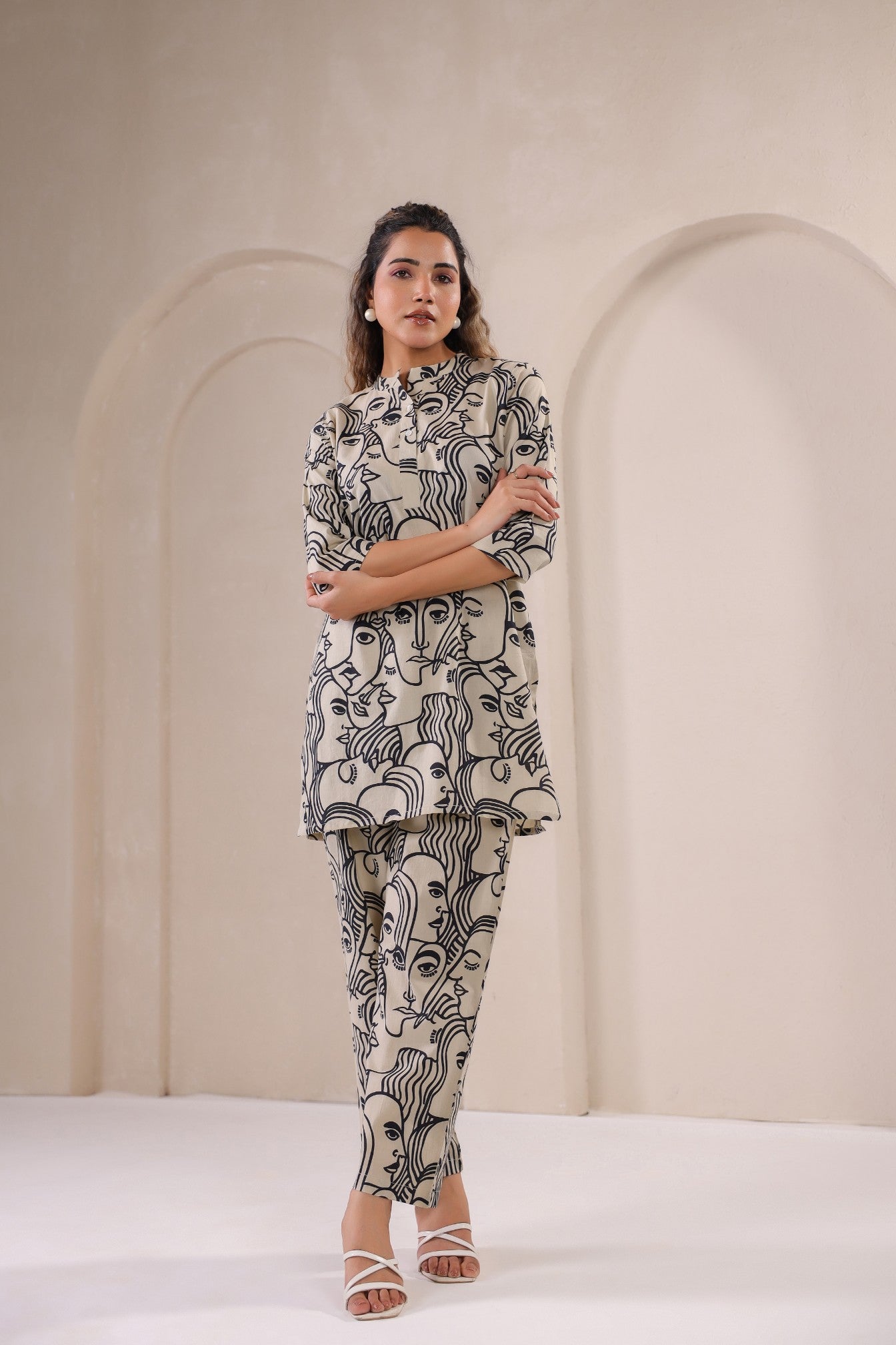 Stylera stylish co-ord outfit for women featuring abstract line art in beige and black