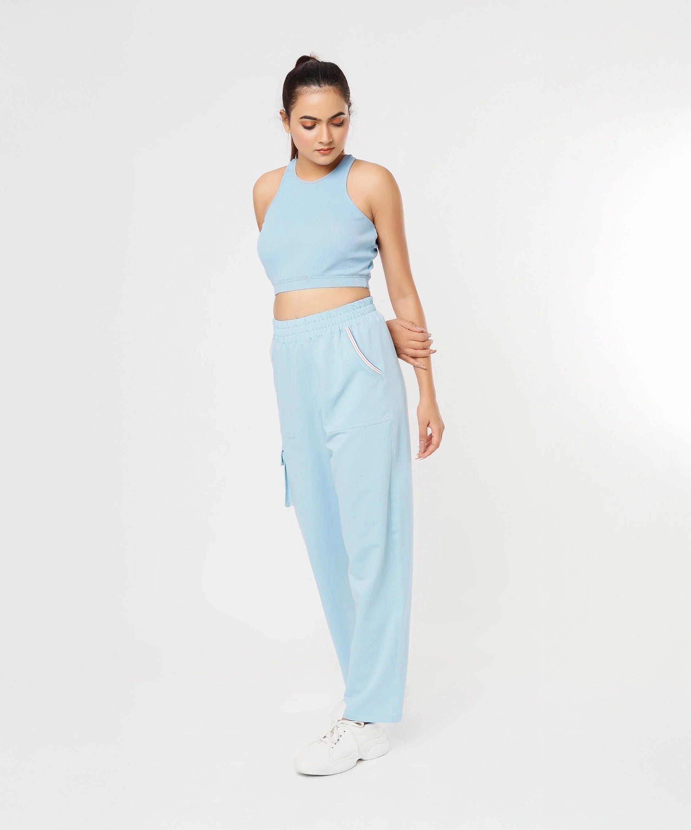 Stylera Stylish Co Ord Sets for Women in Light Blue with Sleeveless Crop Top and Comfortable Pants