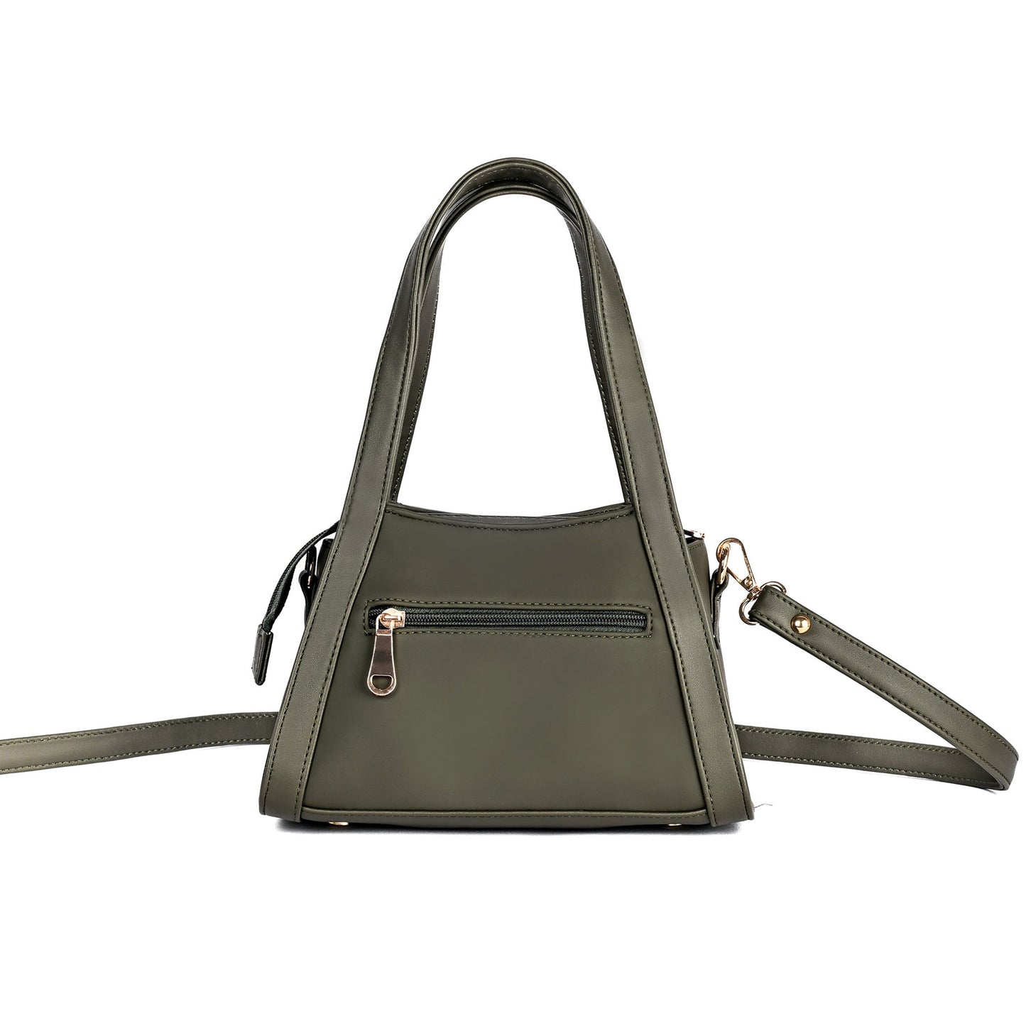 Stylish compact handbags for women in olive green with adjustable strap and zipper details