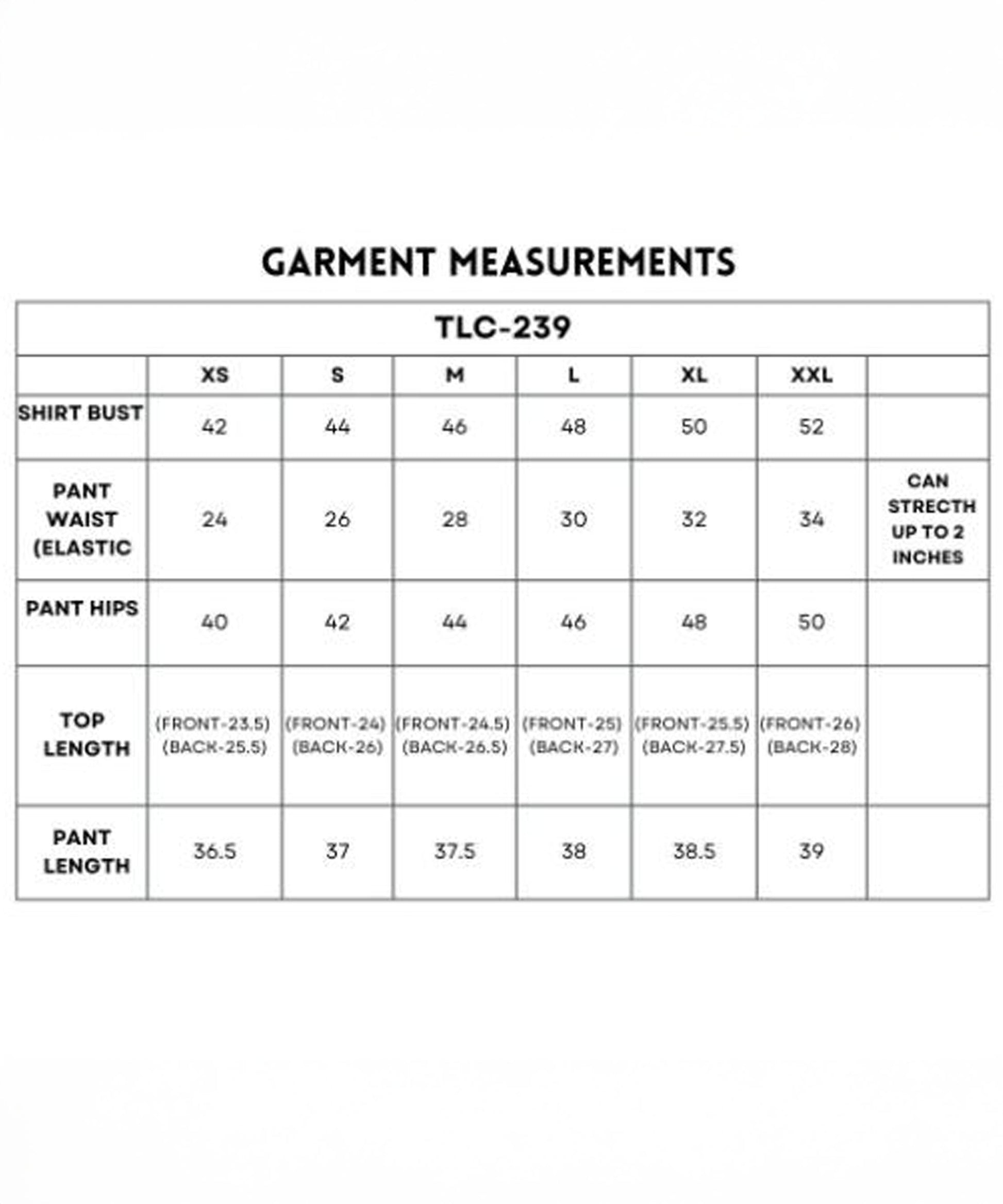Garment measurements chart for Stylera stylish denim track suit, including sizes XS to XXL
