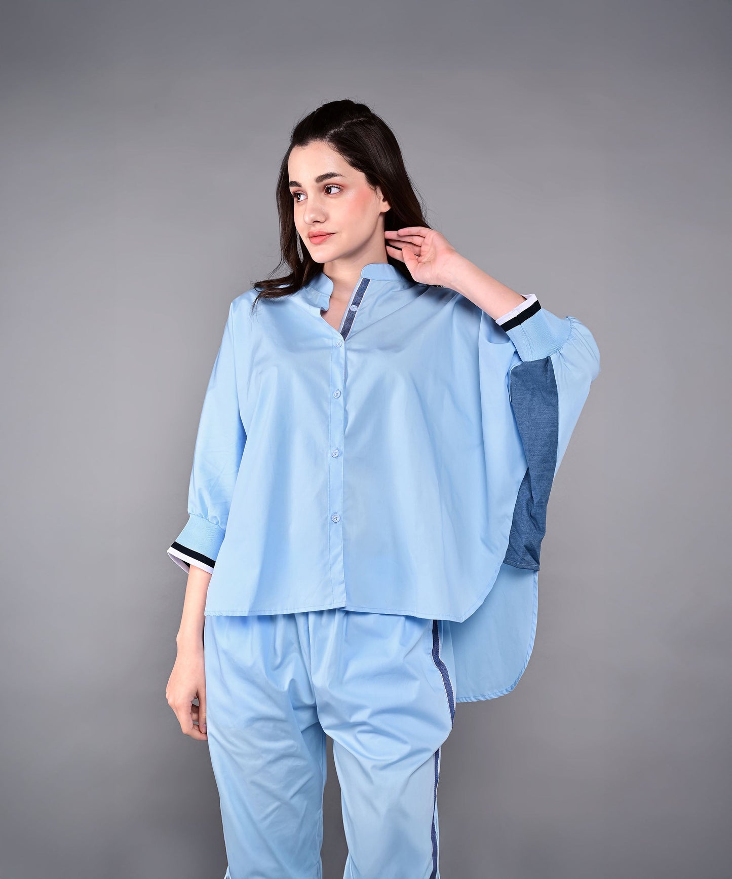 Stylera stylish denim track suit in blue with chic button-up top and comfortable pants