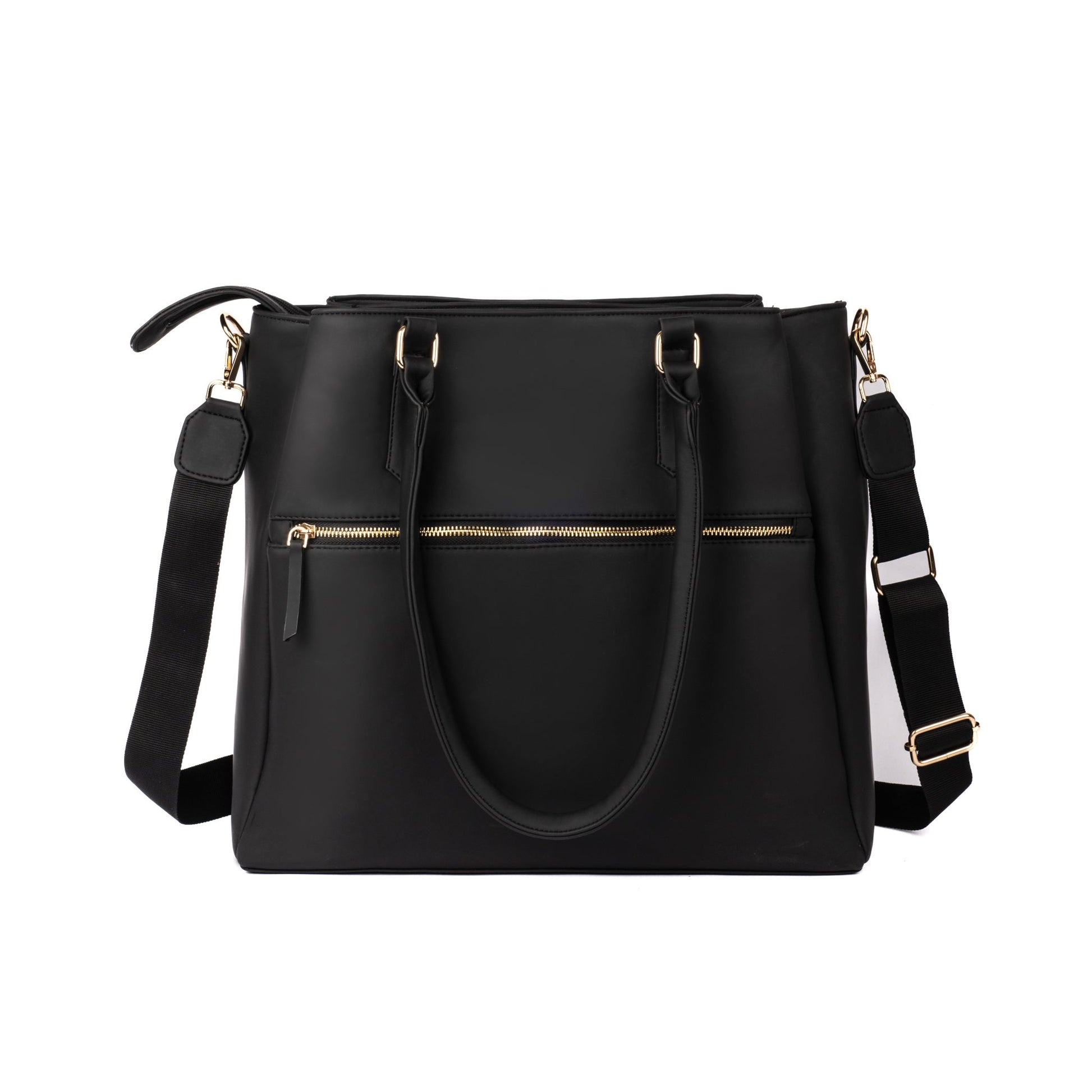 Aspire tote bag in black leather featuring gold zippers, a stylish everyday carryall bag for daily use