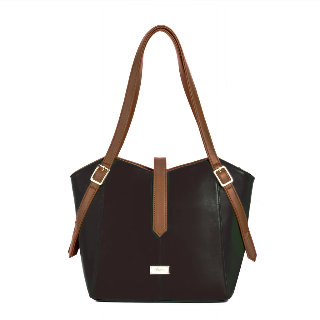 Elara Tote Bag from Stylera, a stylish everyday tote purse in black with brown straps