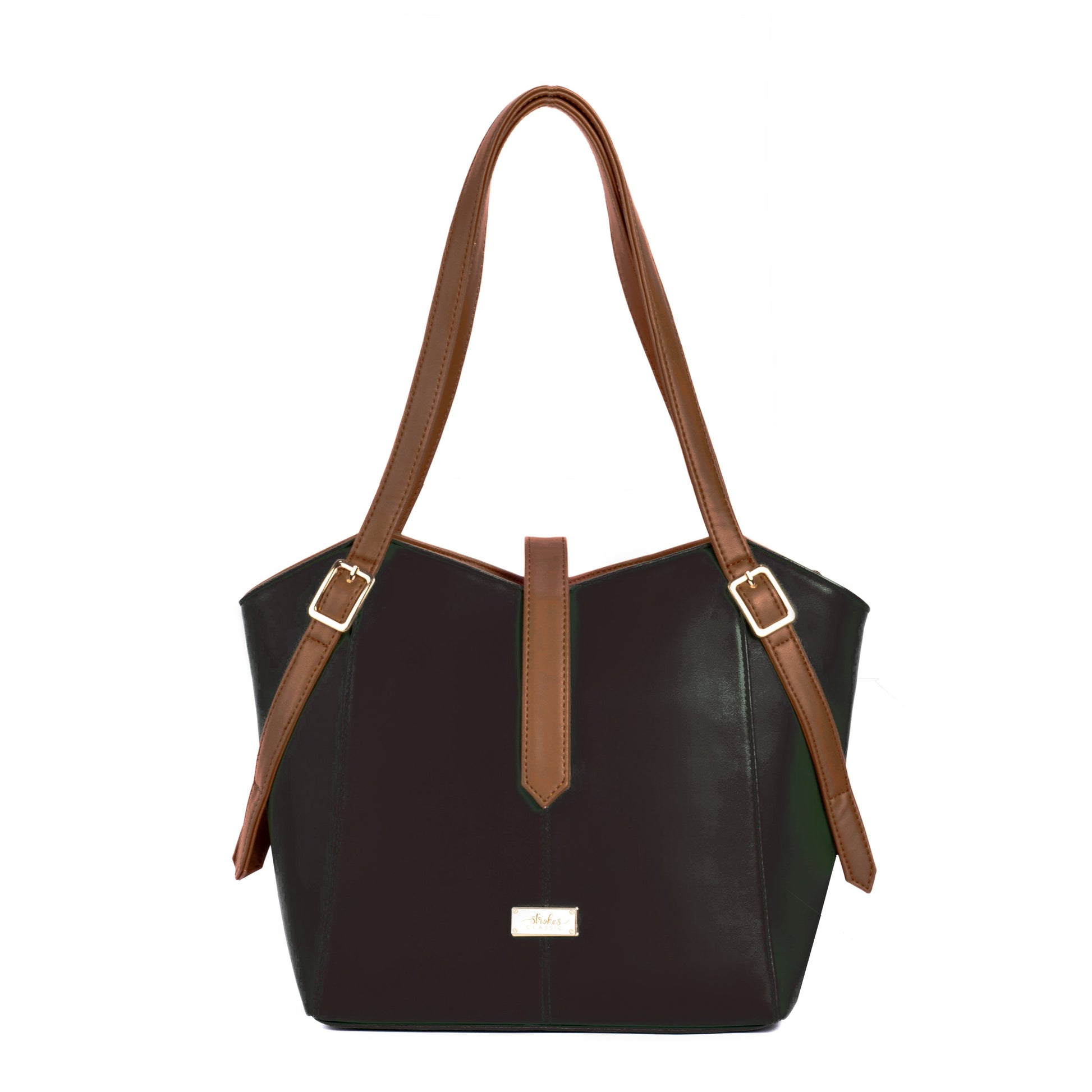 Elara Tote Bag from Stylera, a stylish everyday tote purse in black with brown straps