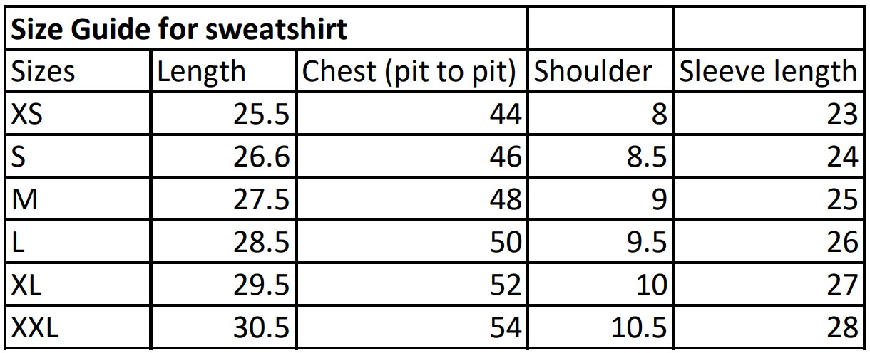 Stylera size guide for sweatshirts showing XS to XXL chest shoulder sleeve sizes stylish graphic sweatshirts for camping