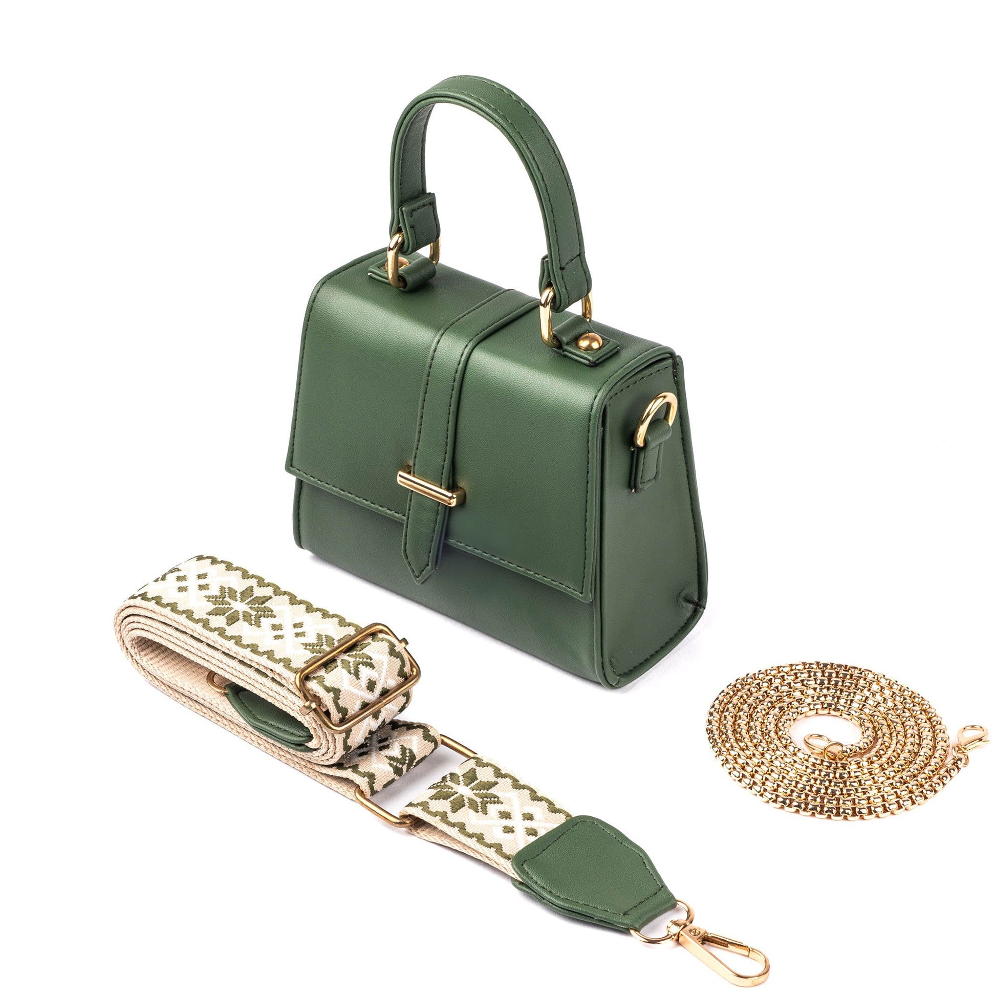 Stylish green purse with gold chain featuring a detachable strap for versatile carrying options