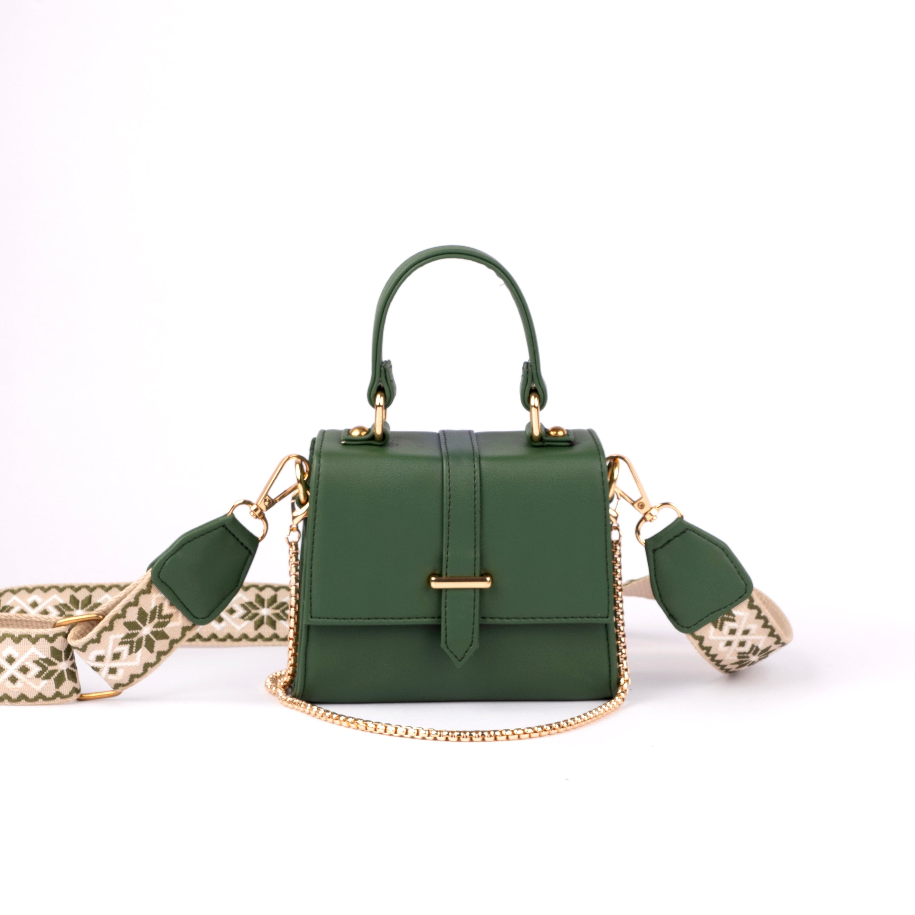 Stylish green purse with gold chain featuring a detachable strap and elegant design