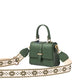 Stylish green purse with gold chain and unique strap design for trendy outfits