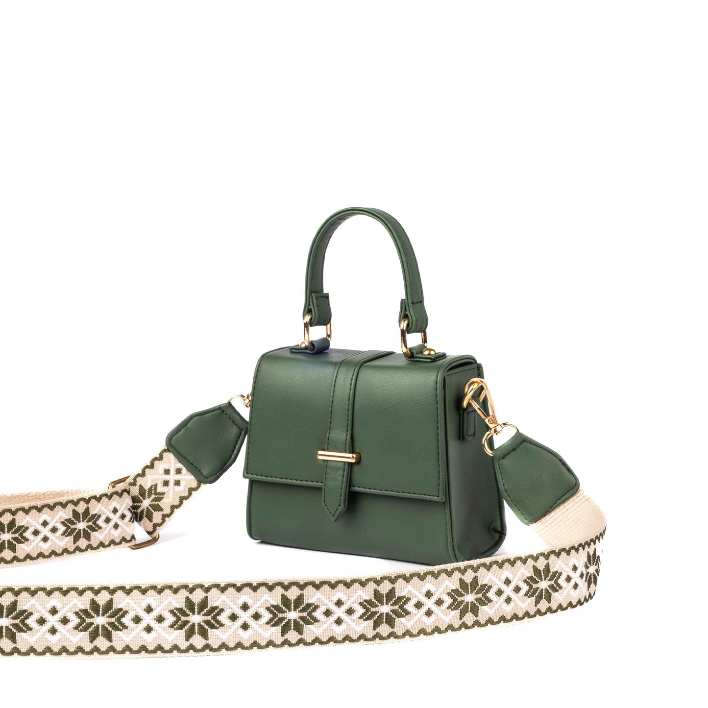 Stylish green purse with gold chain and unique strap design for trendy outfits
