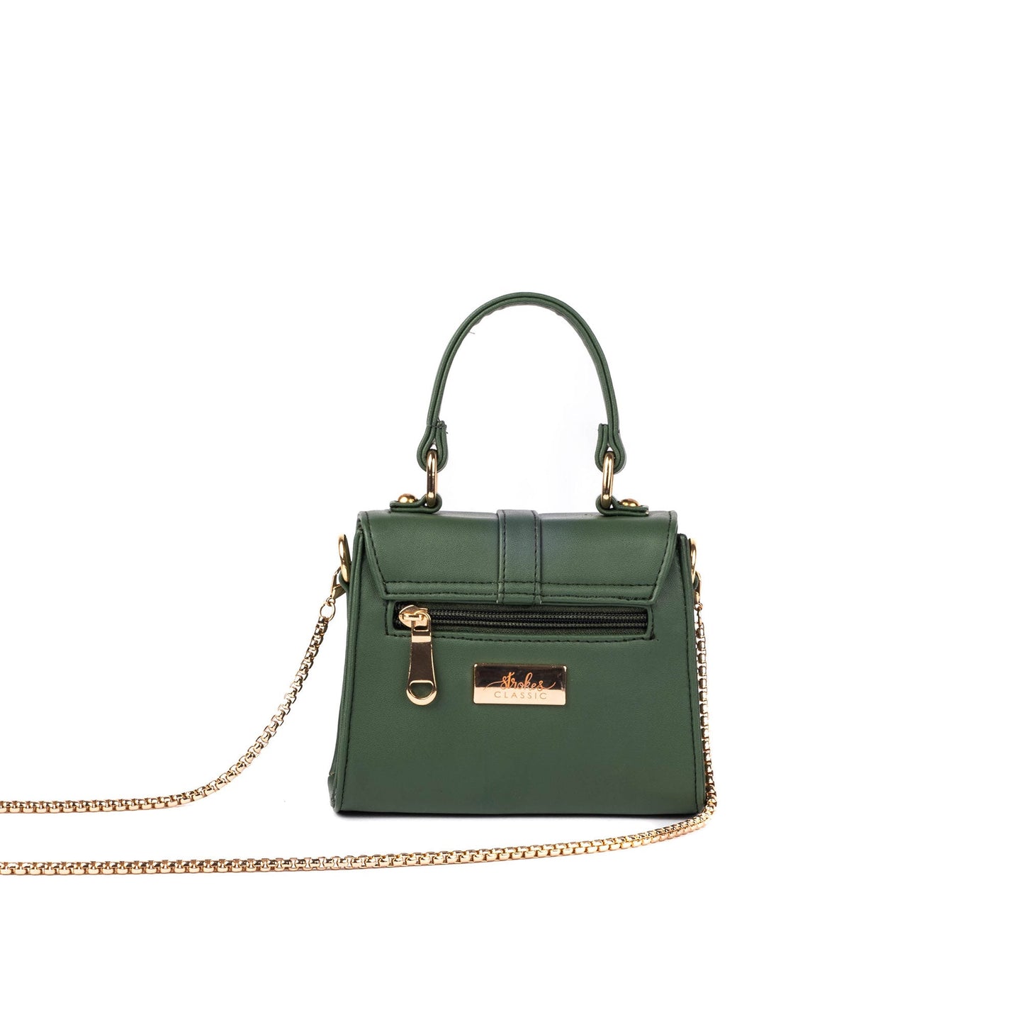 Stylish green purse with gold chain featuring a sleek design and top handle for versatility