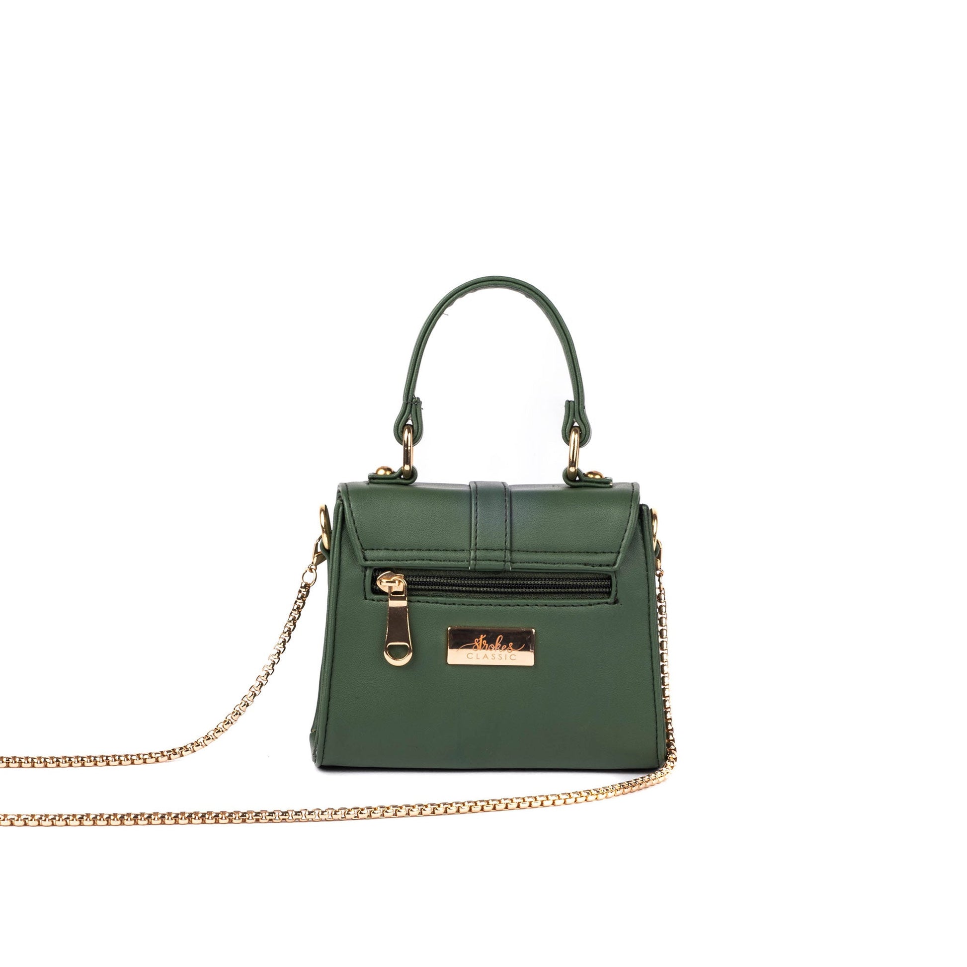 Stylish green purse with gold chain featuring a sleek design and top handle for versatility