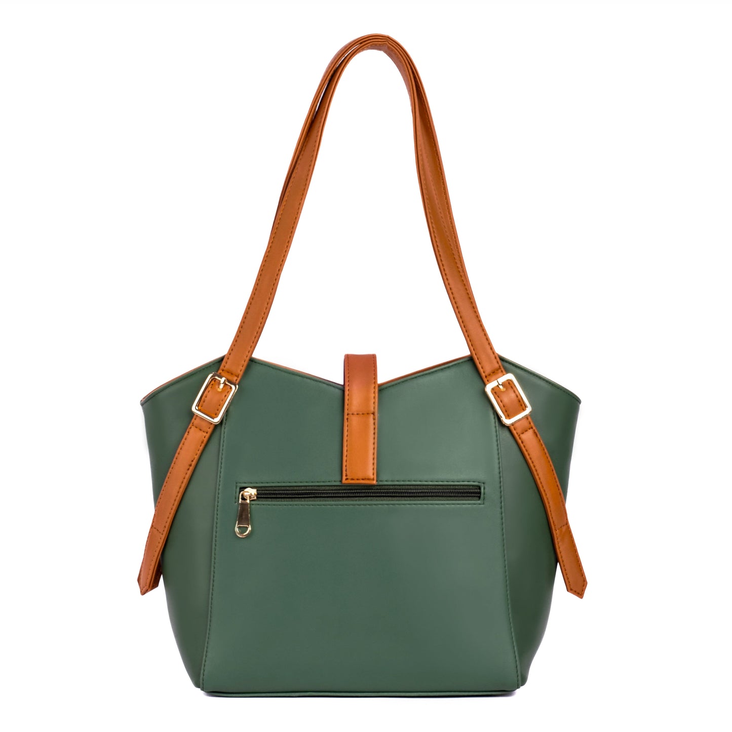 Elara Tote Bag in green and brown, a stylish leather tote for women with spacious design and zip pocket.