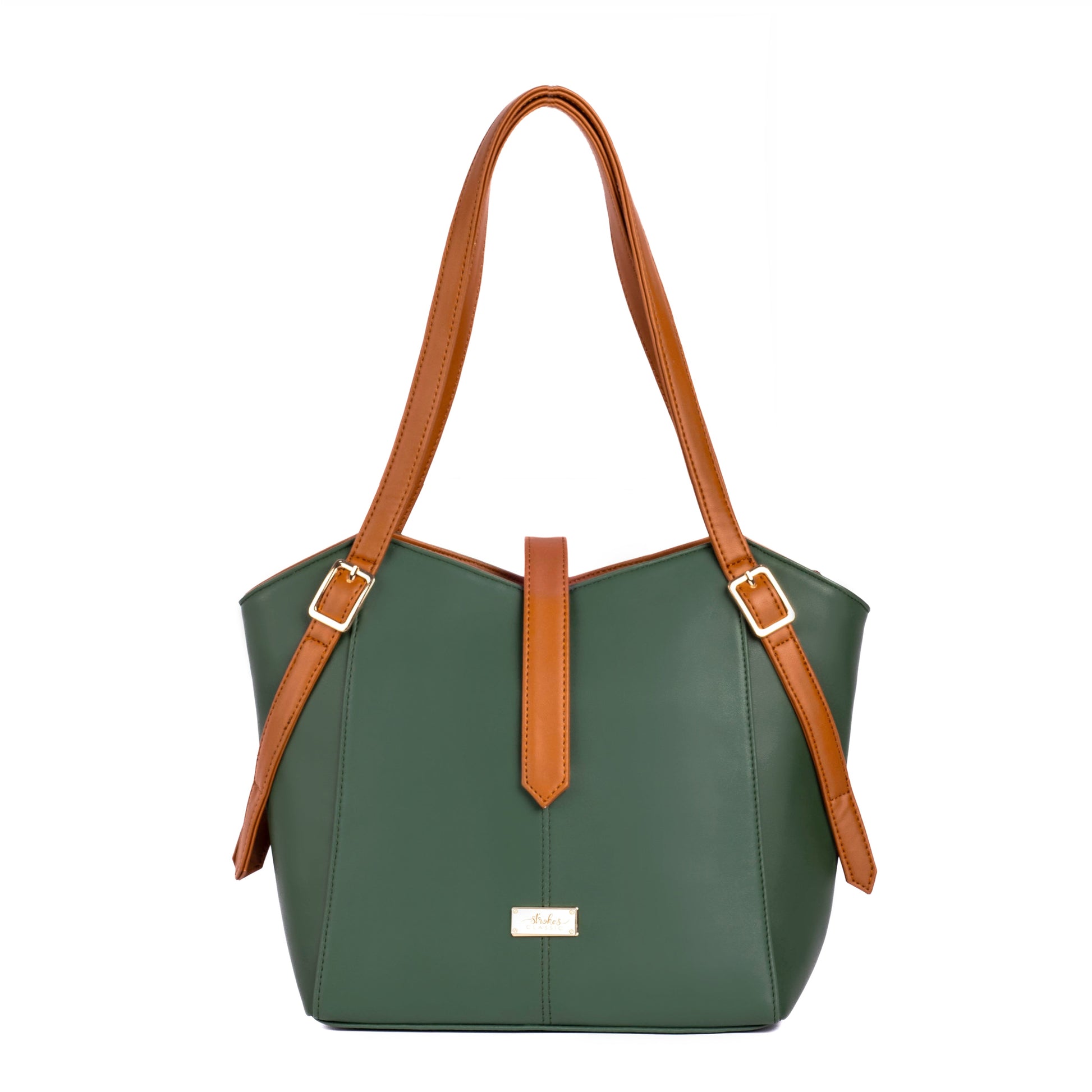Elara Tote Bag in green and brown, a stylish leather tote for women with adjustable straps