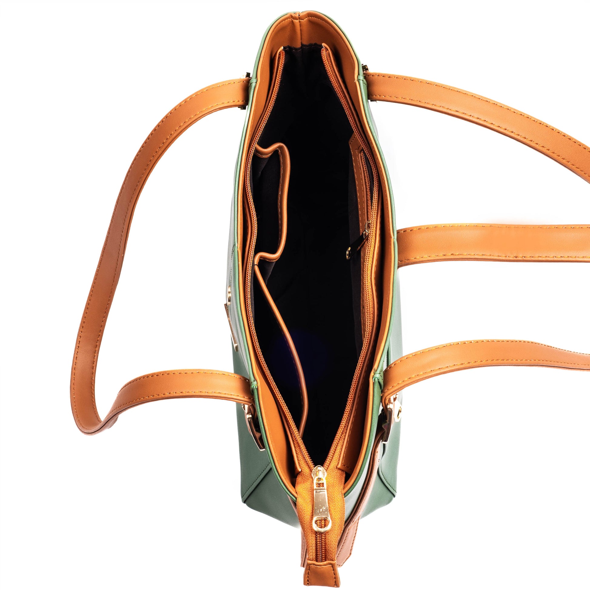 Elara Tote Bag in green and brown, a stylish leather tote for women with spacious interior.