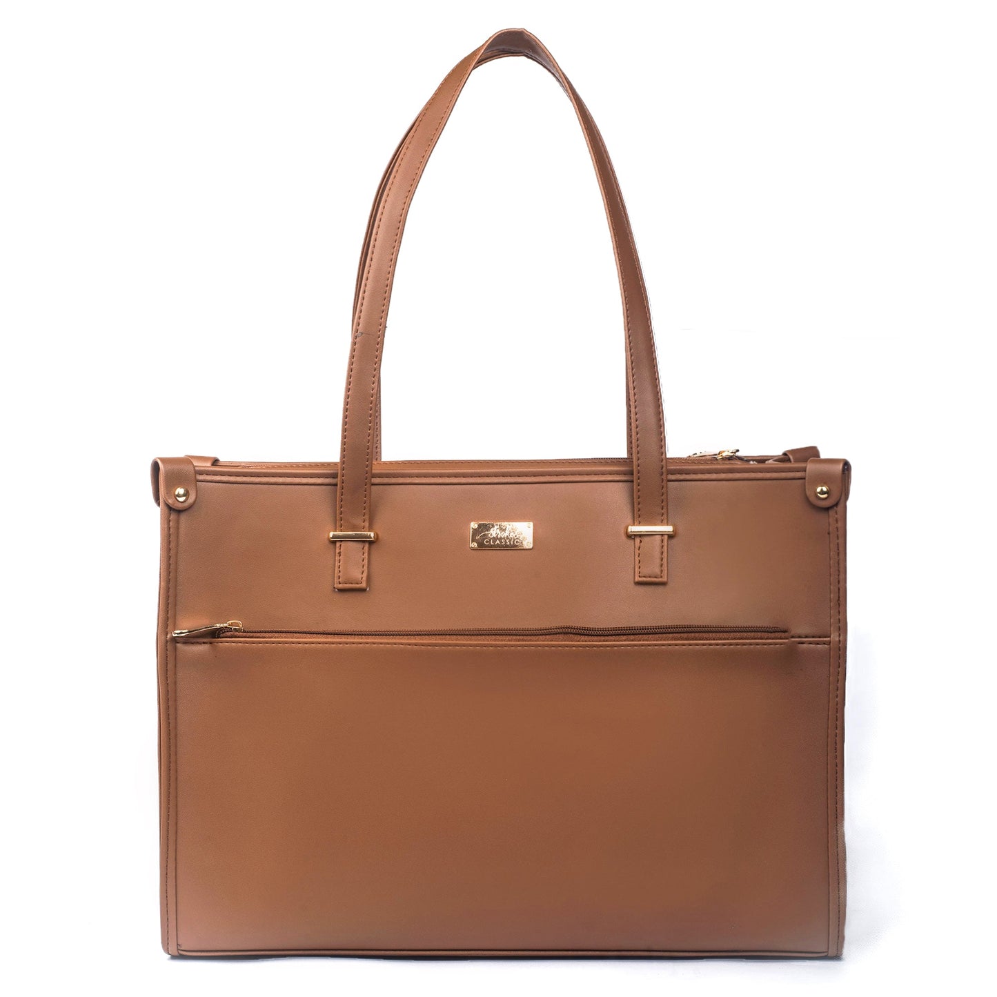 Stylish office tote bag in brown with a zipper pocket and sturdy shoulder straps by Stylera