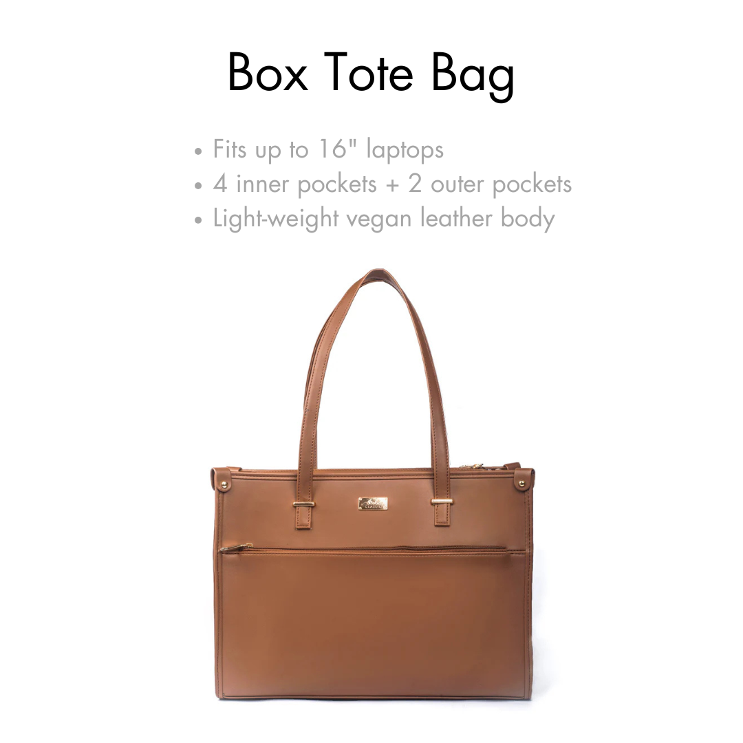 Stylish office tote bag in light-weight vegan leather with multiple pockets for organization.