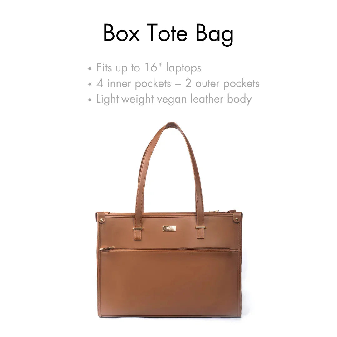 Stylish office tote bag in light-weight vegan leather with multiple pockets for organization.