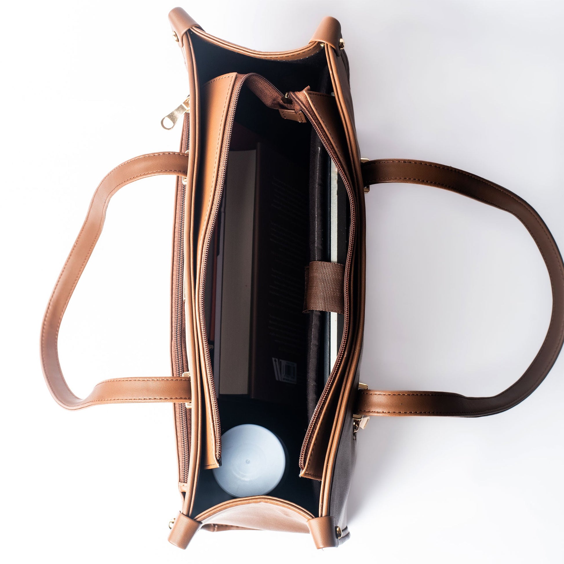 Stylish office tote bag in tan with spacious interior and compartments for organization