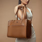 Stylish office tote bag in rich brown color with multiple compartments and durable handles