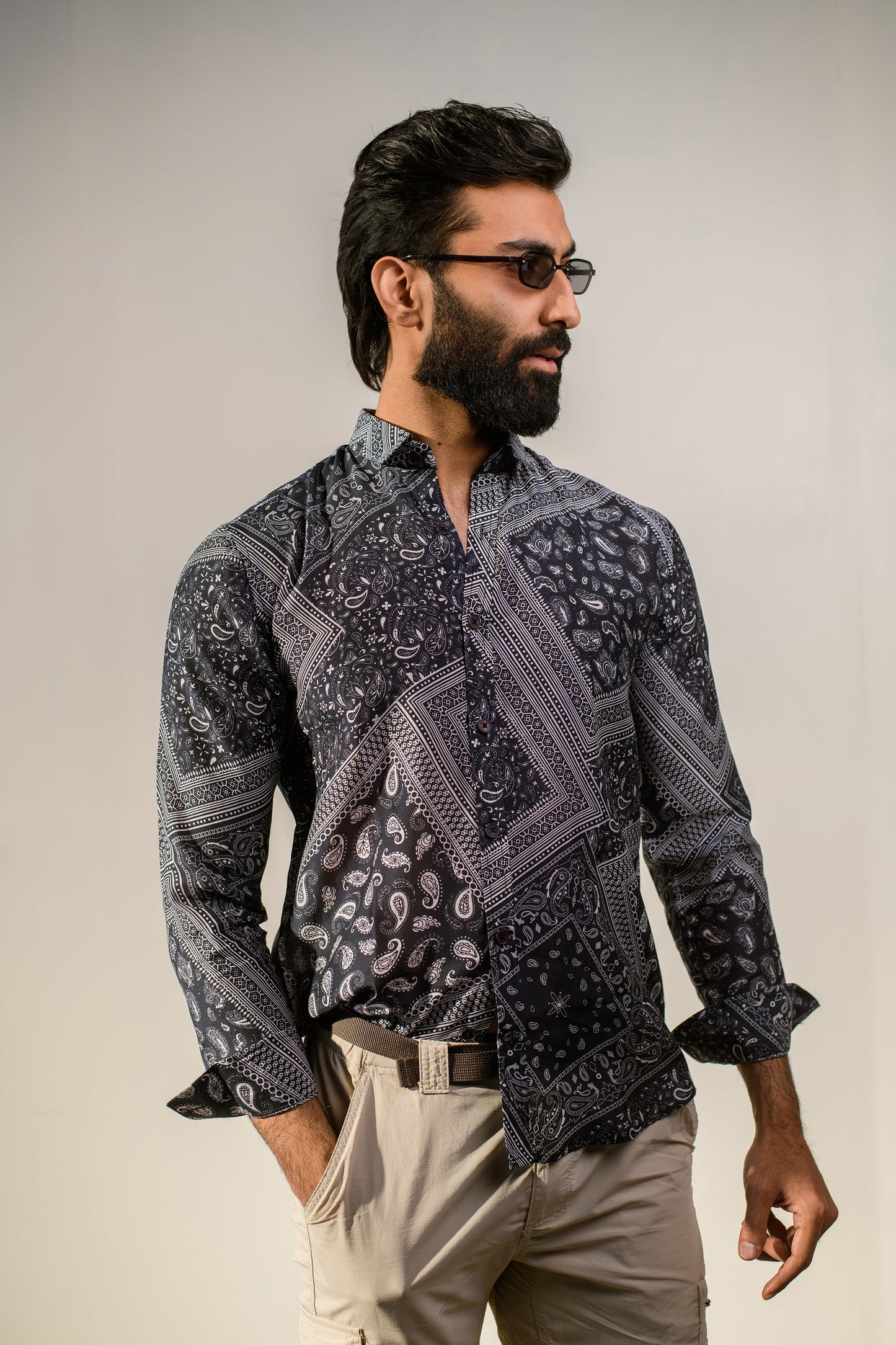 Stylish paisley print shirt for men by Stylera in black and gray colors
