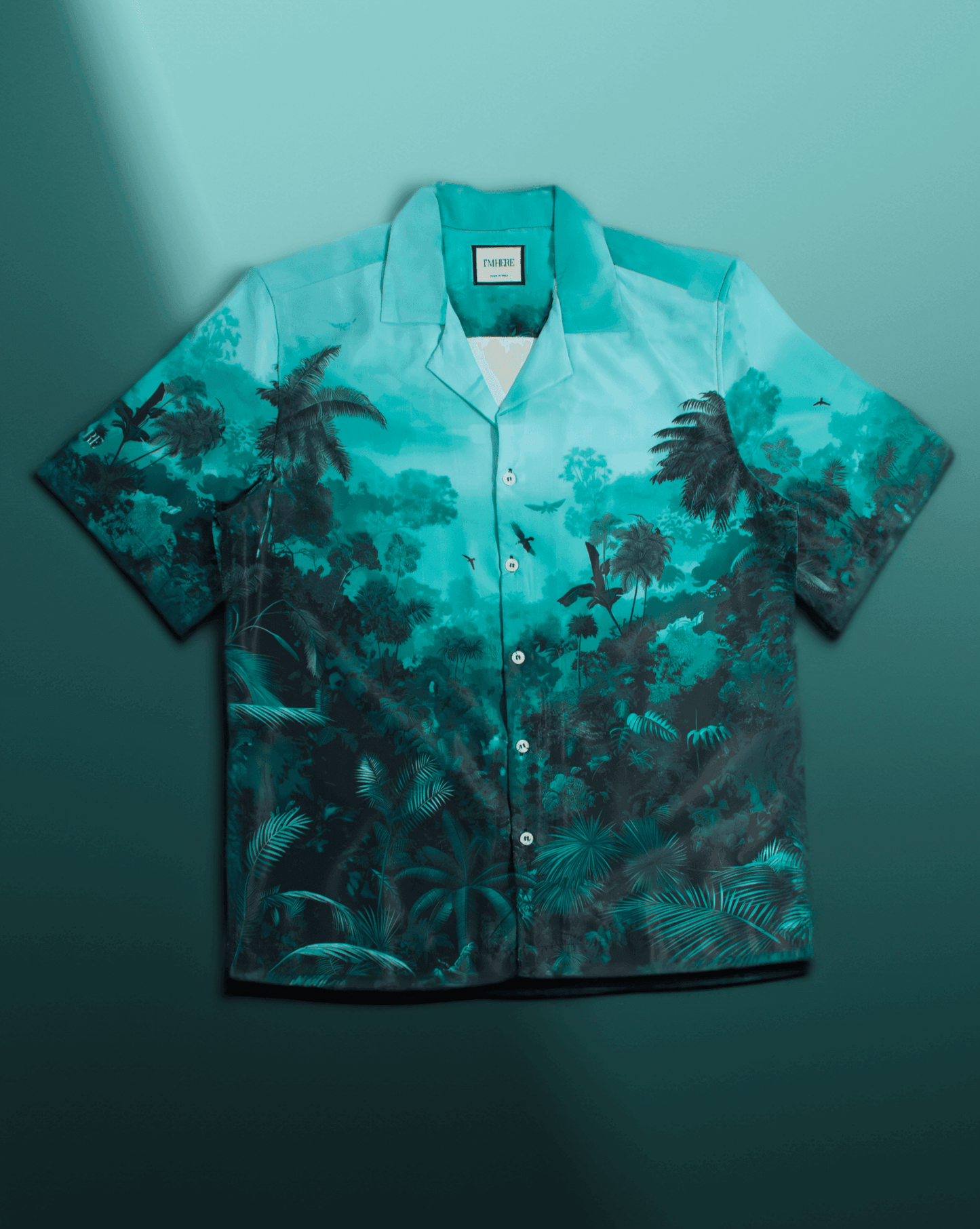Stylera teal tropical button up stylish short sleeve resort shirt with palm print and camp collar